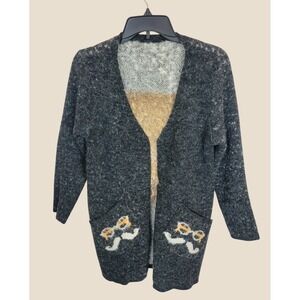 Cardigan Sweater Quirky Hipster Mustache Glasses Top Hat Gray Charcoal S-M